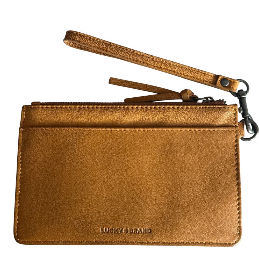 Lucky Brand Camel Leather Wristlet Zip Top Wallet Bag Boho Earthy Tan